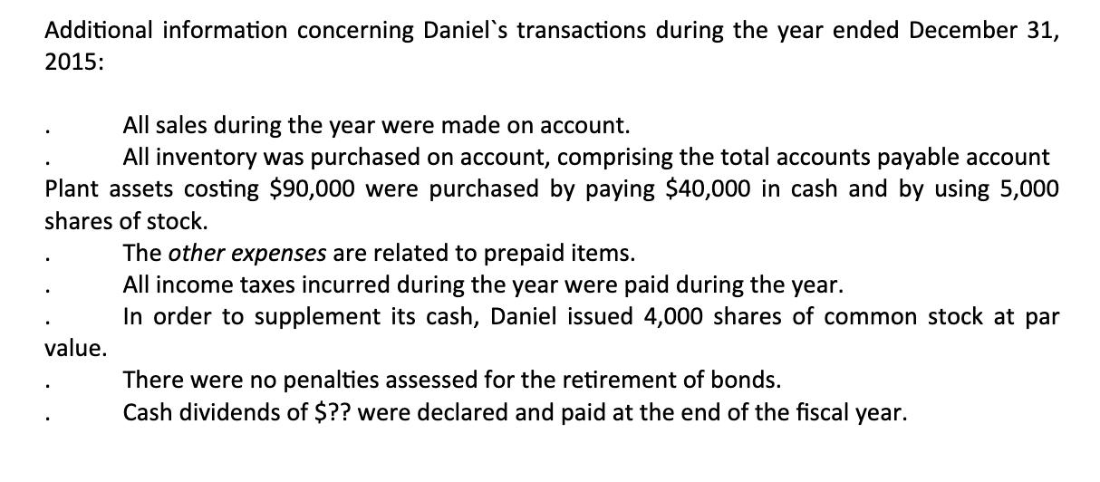 Additional information concerning Daniels transactions during the year ended December 31, 2015: All sales during the year we