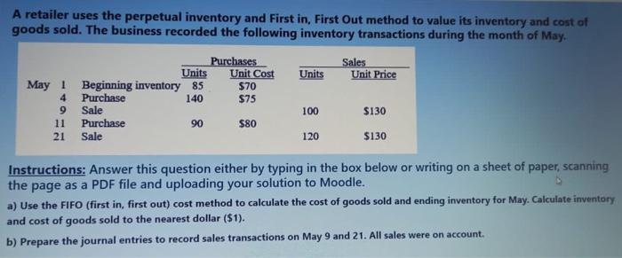 A retailer uses the perpetual inventory and First in, First Out method to value its inventory and cost ofgoods sold. The bus