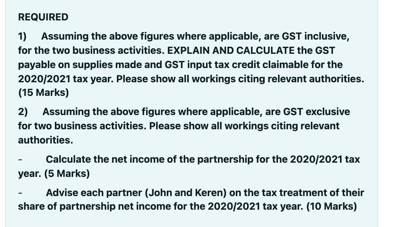 REQUIRED1) Assuming the above figures where applicable, are GST inclusive,for the two business activities. EXPLAIN AND CALC