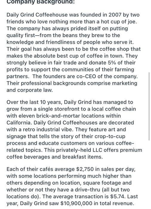 Company Background:Daily Grind Coffeehouse was founded in 2007 by twofriends who love nothing more than a hot cup of joe.T