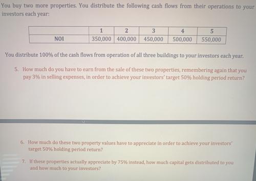 You buy two more properties. You distribute the following cash flows from their operations to your investors