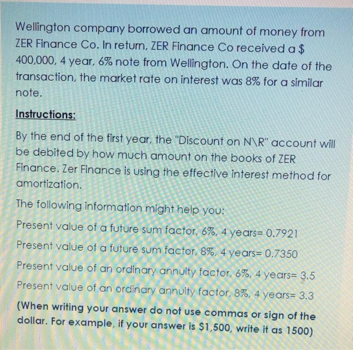 Wellington company borrowed an amount of money from ZER Finance Co. In return, ZER Finance Co received a $ 400,000, 4 year, 6
