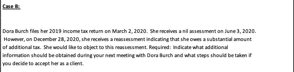 Case B: Dora Burch files her 2019 income tax return on March 2, 2020. She receives a nil assessment on June 3, 2020. However,