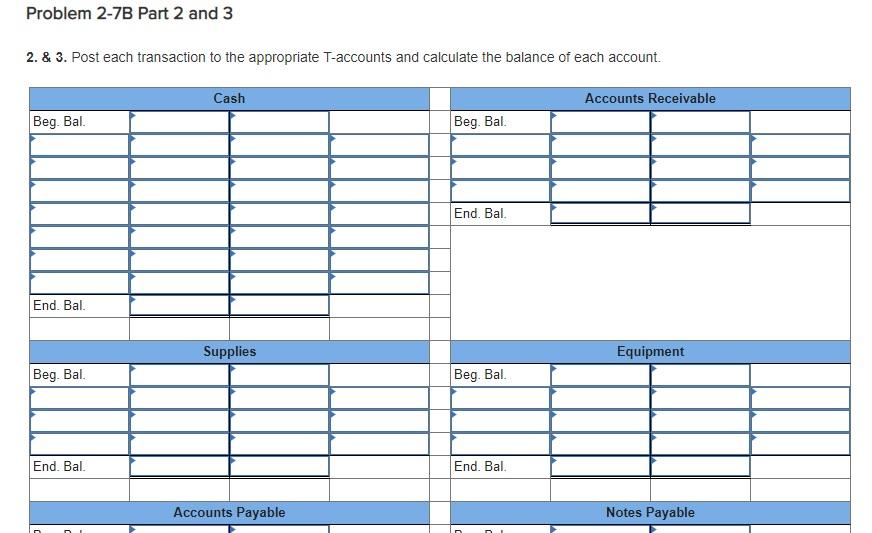 Problem 2-7B Part 2 and 3 2. & 3. Post each transaction to the appropriate T-accounts and calculate the balance of each accou