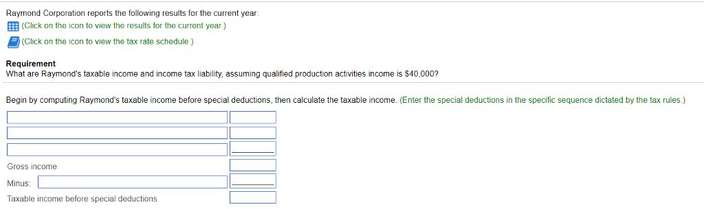 Raymond Corporation reports the following results for the current year (Click on the icon to view the results for the current year) (Click on the icon to view the tax rate schedule.) Requirement What are Raymonds taxable income and income tax liability, assuming qualified production activities income is $40,000? Begin by computing Raymonds taxable income before special deductions, then calculate the taxable income. (Enter the special deductions in the specific sequence dictated by the tax rules.) Gross income Minus: Taxable income before special deductions