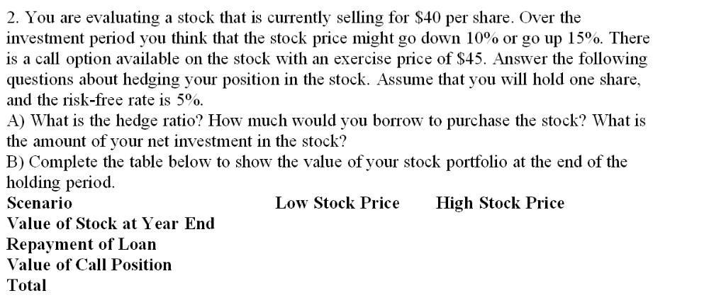 2. You are evaluating a stock that is currently selling for $40 per share. Over theinvestment period you think that the stoc