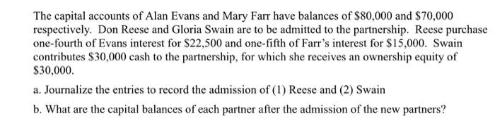 The capital accounts of Alan Evans and Mary Farr have balances of $80,000 and $70,000 respectively. Don Reese and Gloria Swai