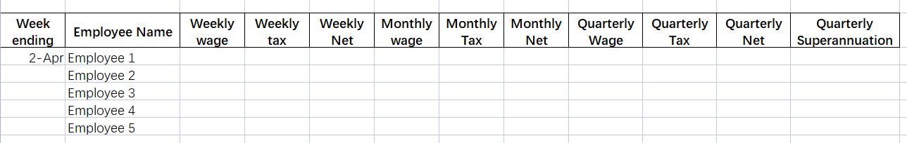 Weekly Wage Weekly tax Weekly Monthly Monthly Monthly Quarterly Net wage Tax Net Wage Quarterly Quarterly Tax Net Quarterly S