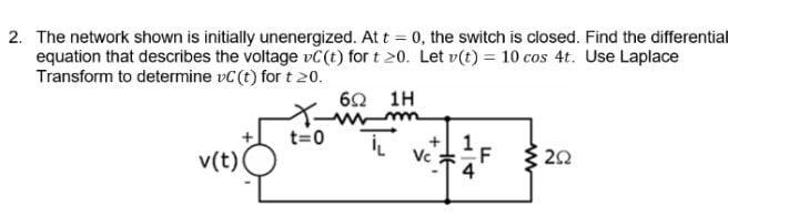 2. The network shown is initially unenergized. At t = 0, the switch is closed. Find the differential equation that describes