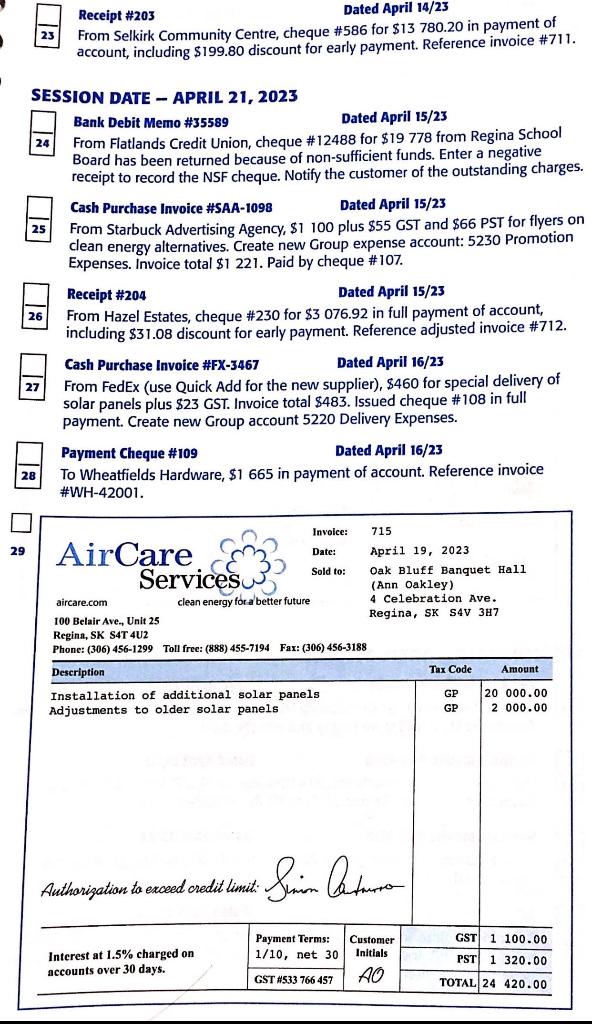23 Receipt #203 Dated April 14/23 From Selkirk Community Centre, cheque #586 for $13 780.20 in payment of account, including
