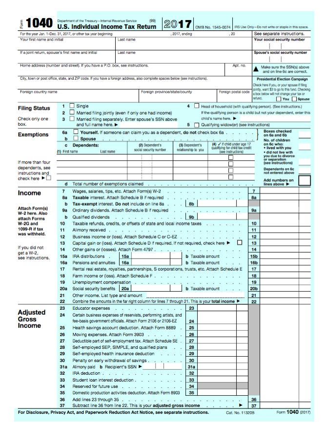 U.S. Individual Income Tax Return OMB No. 1545-0074 us use Oriy-Do not write or staple n the space 2017, ercing See separate instructions. Your social security number For the year Jan 1-Cec. 31, 2017, or other tax year beginning 20 t name and initial Last name f a joint retum, spouses first narne and inital s social security number box, see Make sure the SSNs) abave and an line 8c are carrect. Presidental Election Campaign here if you, or your spouse it ring want 53 to go to tris fung. Checking Foreign country name posa code a box below will ot change your taxo You Spouse le 4 Head of household (with quaifying person!See instructions.) If the qualifying person is a chld but nat your dependent, enter tis chids name hore. Qualifying widow(er) (see instructions) Filing Status 2 3 Married filing jointly leven Married filing separately. Enter spouses SSN above and full name here. only one had income) check only one 5 Boxes checked on 6a and 6b No. of children on 6c who 6a- Yourself. It someone can claim you as a dependent, do not check box 6a Exemptions (2) Dependents scial security number (3) Dependents (4)under ape 17 relationship toyualitying for chid tax credit lived with you live with ip Frst ame Last name not If more than four se0 Dependents on Gc net entered above check here Add numbers on linen above d Total number of 7 Wages, sa aries, tips, etc. Attach Form(s) W-2 8a Taxable interest. Attach Schedule B if required Income Tax-exempt interest. Do not include on line Ba Ordinary dividends. Attach Schedule B requred b Attach Form(s) W-2 here. Also attach Forms W-2G and 1099-R if tax 9a 9a . b Qualfied dividends 10 Taxable refunds, credits, or offsets of state and local income taxes 11 Alimony received 12 Business income or (loss). Attach Schedule C or C-EZ 13 Capital gain or (loss). Attach Schedule D if requred. If not required, check here 14 Other gains or (osses). Attach Form 4797 .. | 13 If you did not b Taxable amount b Taxable amount see instructions. 15a IRA distributions 16b 17 16a Pensions and annuities 16a 17 Rental real estate, royaities, partnerships, S corporations, trusts, etc. Attach Schedule E 18 Farm income or (oss). Attach Schedule F 19 Unemployment compensation 20a Social security benefits 20a 21 Other income. List type and amount 22 Combine the amounts in the far right column for Ines 7 23 Educator 24 Certain business expenses of reservists, performing artists, and b Taxable amount 20b h 21 . This is your total income Adjusted Gross Income fee-basis government officials. Attach Form 2106 or 2106-EZ 25 Health savings account deduction. Attach Form 8889 25 Moving expenses. Attach Form 3903 27 Deductibla part of sat-employment tax. Attach Schedula SE 27 28 Self-employed SEP, SIMPLE, and qualfied plans 29 Self-employed health insurance deduction 30 Penaity on early withdrawal of savings 31 a Alimony paid b Recipients SSN 32 IRA deduction . . 33 Student loan interest deduction 34 Reserved for future use 35 Domestic production activities deduction. Attach Form 8903 35 36 Add lines 23 through 35 37 Subtract line 36 from line 22. This is 34 36 For Disclosure, Privacy Act, and Paperwork Reduction Act Notice, see separate instructions. Cat. No. 113208 Form 1040 (2017)