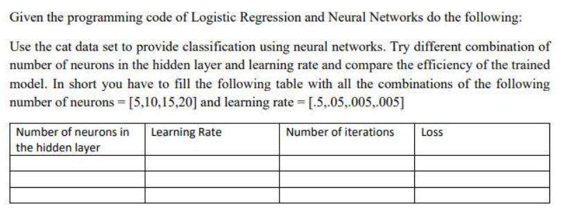 Given the programming code of Logistic Regression and Neural Networks do the