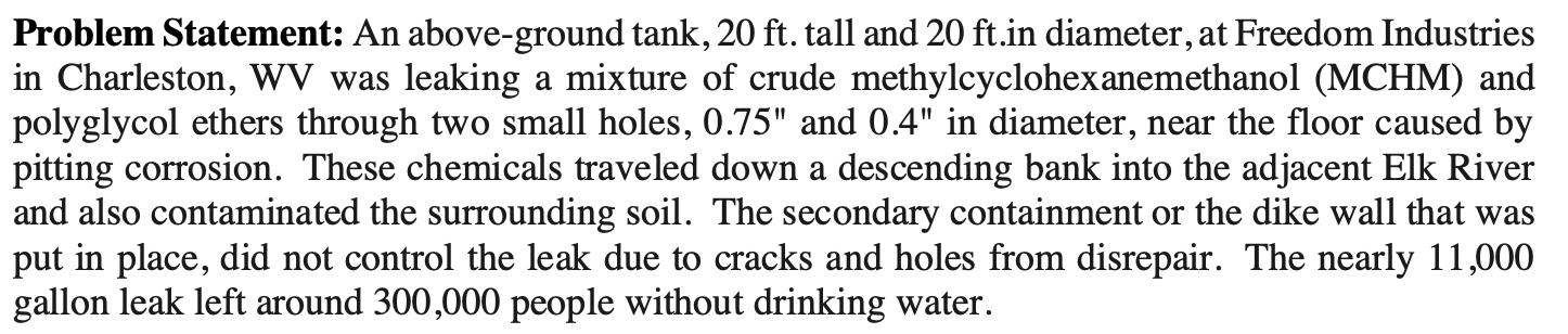 Problem Statement: An above-ground tank, 20 ft. tall and 20 ft.in diameter, at Freedom Industries in Charleston, WV was leaki
