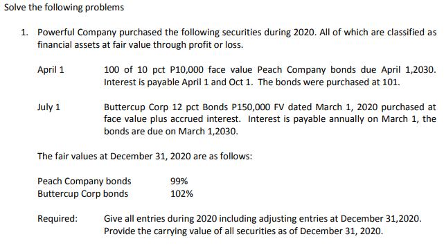 Solve the following problems1. Powerful Company purchased the following securities during 2020. All of which are classified