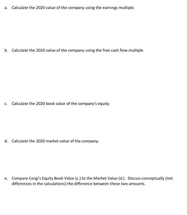 a. Calculate the 2020 value of the company using the earnings multiple. b. Calculate the 2020 value of the company using the