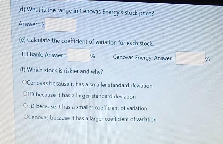 (d) What is the range in Cenovas Energys stock price?Answer=$(e) Calculate the coefficient of variation for each stock.TD