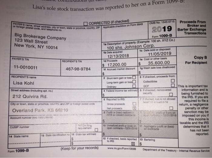 Lisas sole stock transaction was reported to her on a Form PAYERS name, street address, city or town, state or province, co