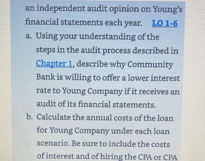 an independent audit opinion on Youngsfinancial statements each year. LO 1-6a. Using your understanding of thesteps in th