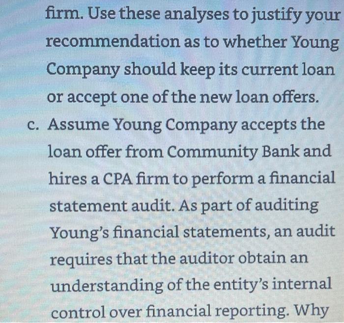 firm. Use these analyses to justify yourrecommendation as to whether YoungCompany should keep its current loanor accept on