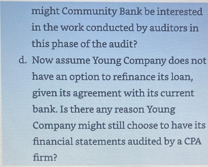 might Community Bank be interestedin the work conducted by auditors inthis phase of the audit?d. Now assume Young Company