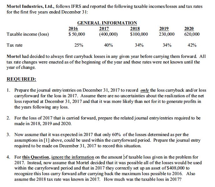 Mortel Industries, Ltd., follows IFRS and reported the following taxable incomes/losses and tax rates for the first five year
