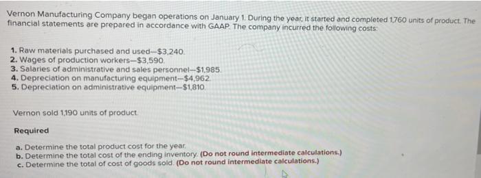 Vernon Manufacturing Company began operations on January 1. During the year, it started and completed 1760 units of product.