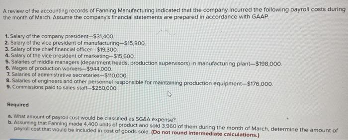 A review of the accounting records of Fanning Manufacturing indicated that the company incurred the following payroll costs d