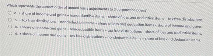 Which represents the correct order of annual basis adjustments to Scorporation basis? O G. + share of income and gains -nonde