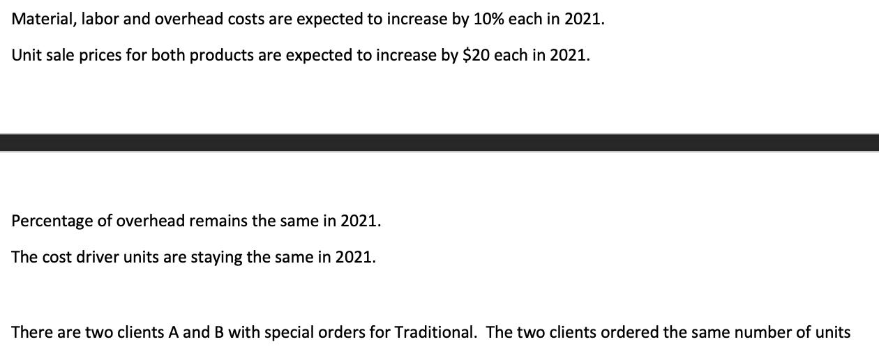 Material, labor and overhead costs are expected to increase by 10% each in 2021. Unit sale prices for both products are expec