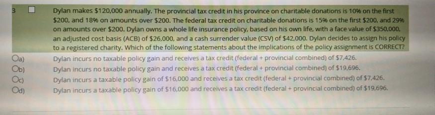 Dylan makes $120,000 annually. The provincial tax credit in his province on charitable donations is 10% on the first$200, an