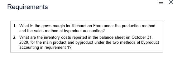 Requirements1. What is the gross margin for Richardson Farm under the production methodand the sales method of byproduct ac