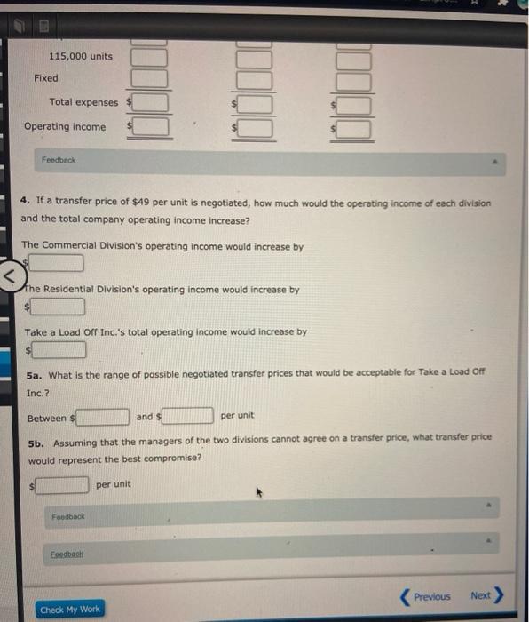 115,000 units Fixed Total expenses Operating income Feedback 4. If a transfer price of $49 per unit is negotiated, how much w