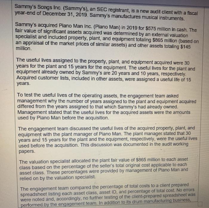 Sammys Songs Inc. (Sammys), an SEC registrant, is a new audit client with a fiscal year-end of December 31, 2019. Sammys m