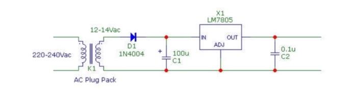 220-240Vac 12-14Vac AC Plug Pack  D1 1N4004 100u C1 IN X1 LM7805 ADJ OUT 0.1u C2