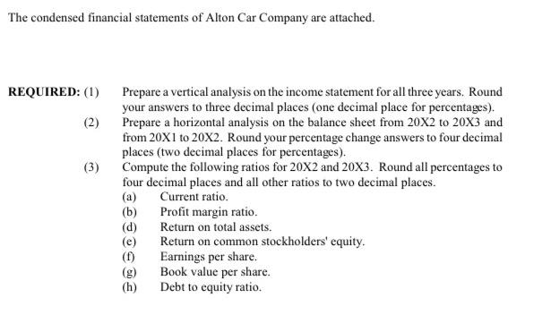 The condensed financial statements of Alton Car Company are attached. REQUIRED: (1) (2) Prepare a vertical analysis on the in