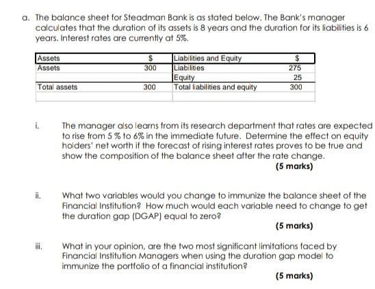 a. The balance sheet for Steadman Bank is as stated below. The Banks manager calculates that the duration of its assets is 8