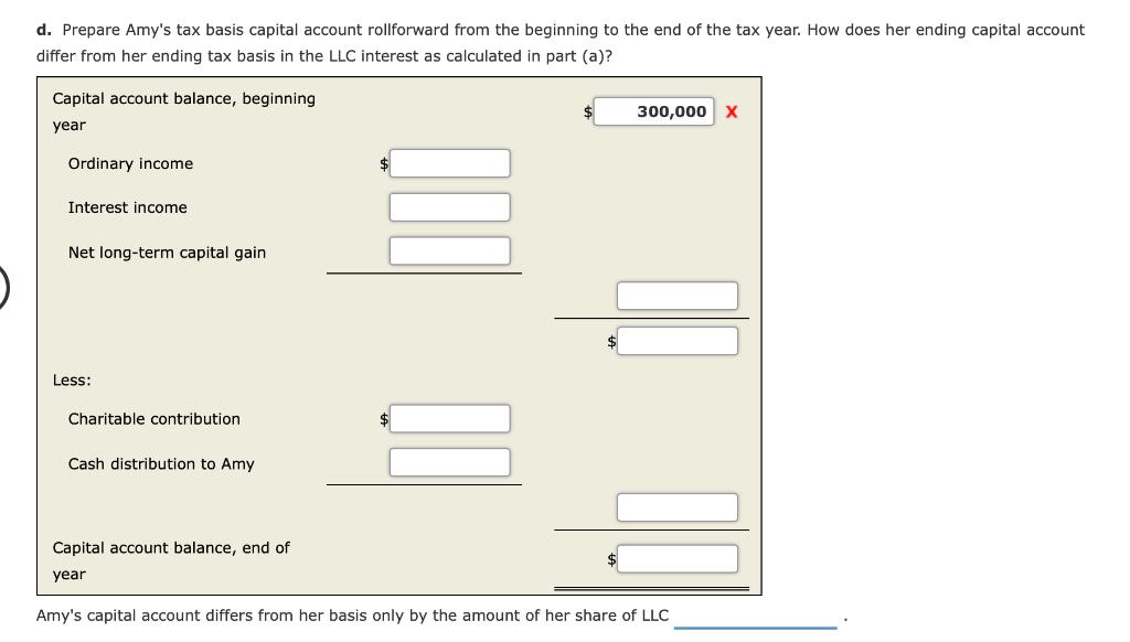 d. Prepare Amys tax basis capital account rollforward from the beginning to the end of the tax year. How does her ending cap