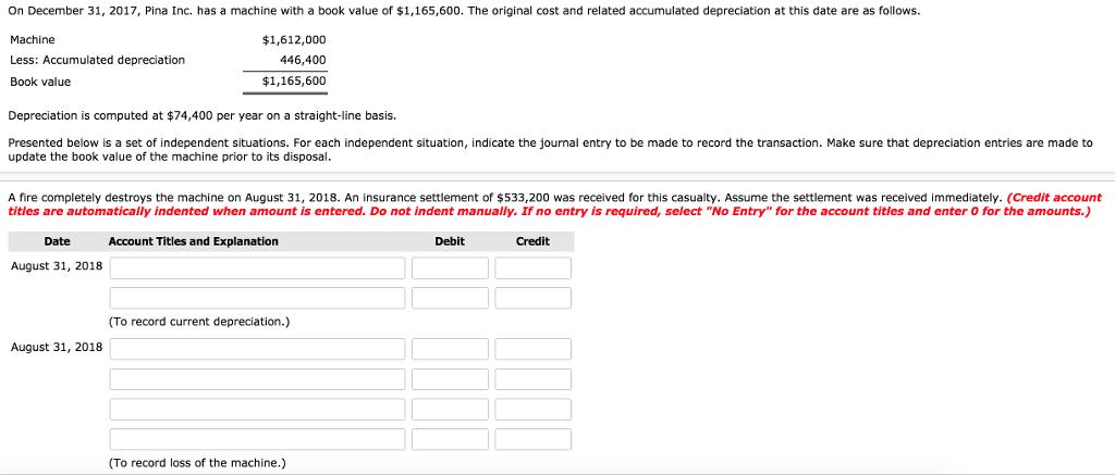 On December 31, 2017, Pina Inc. has a machine with a book value of $1,165,600. The original cost and related accumulated depreciation at this date are as follows. Machine Less: Accumulated depreciation Book value $1,612,000 446,400 $1,165,600 Depreciation is computed at $74,400 per year on a straight-line basis. Presented below is a set of independent situations. For each independent situation, indicate the journal entry to be made to record the transaction. Make sure that depreciation entries are made to update the book value of the machine prior to its disposal. A fire completely destroys the machine on August 31, 2018. An insurance settlement of $533,200 was received for this casualty. Assume the settlement was received immediately. (Credit account titles are automatically indented when amount is entered. Do not indent manually. If no entry is required, select No Entry for the account titles and enter 0 for the amounts.) Date Account Titles and Explanation Debit Credit August 31, 2018 (To record current depreciation.) August 31, 2018 To record loss of the machine.)