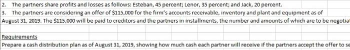2. The partners share profits and losses as follows: Esteban, 45 percent; Lenor, 35 percent; and Jack, 20 percent.3. The par