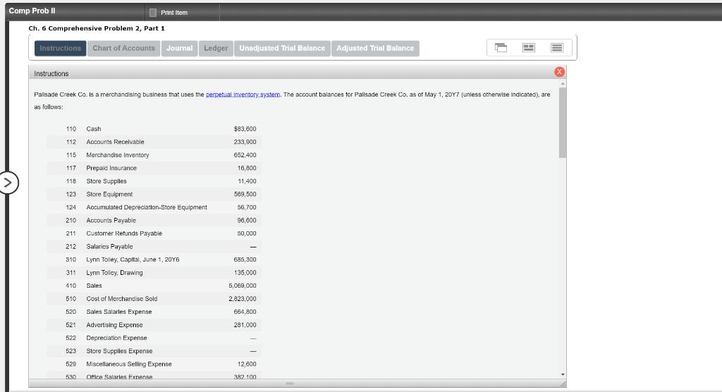 Comp Prob II Print Item Ch. 6 Comprehensive Problem 2, Part 1 Instructions Chart of Accounts Journal Ledger Unadjusted Trial