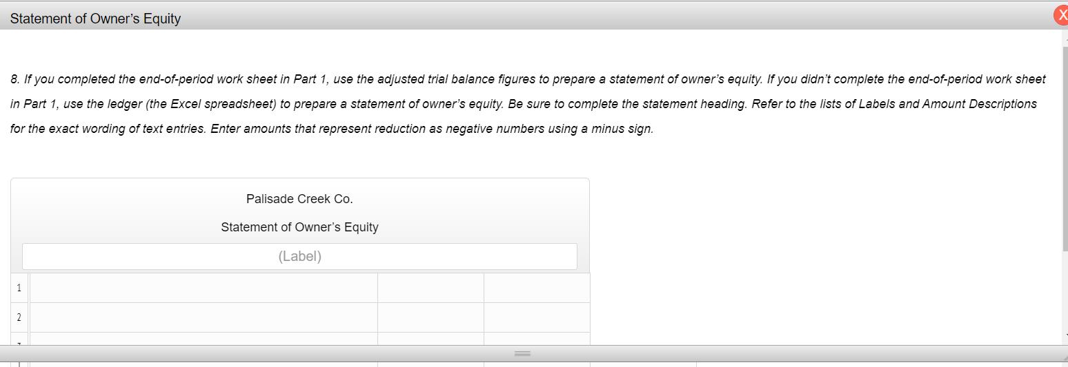 Statement of Owners Equity 8. If you completed the end-of-period work sheet in Part 1, use the adjusted trial balance figure