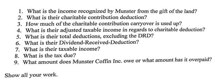 1. What is the income recognized by Munster from the gift of the land? 2. What is their charitable contribution deduction? 3.