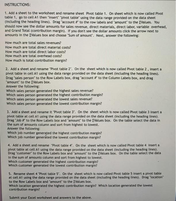 INSTRUCTIONS: 1. Add a sheet to the worksheet and rename sheet Pivot table 1. On sheet which is now called Pivot table 1, go