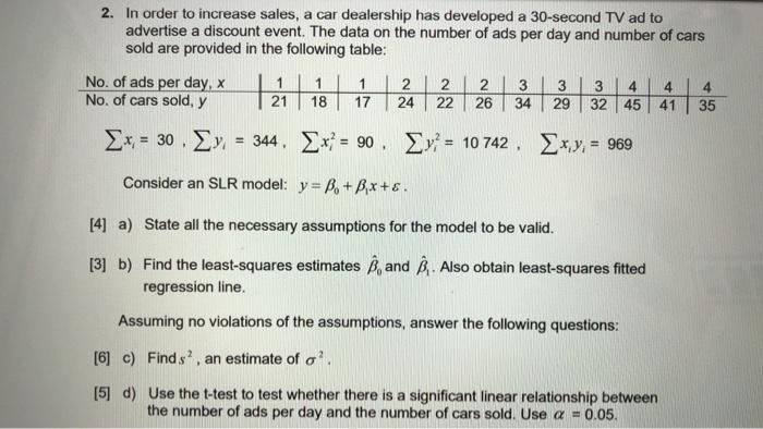 2. In order to increase sales, a car dealership has developed a 30-second TV ad toadvertise a discount event. The data on th
