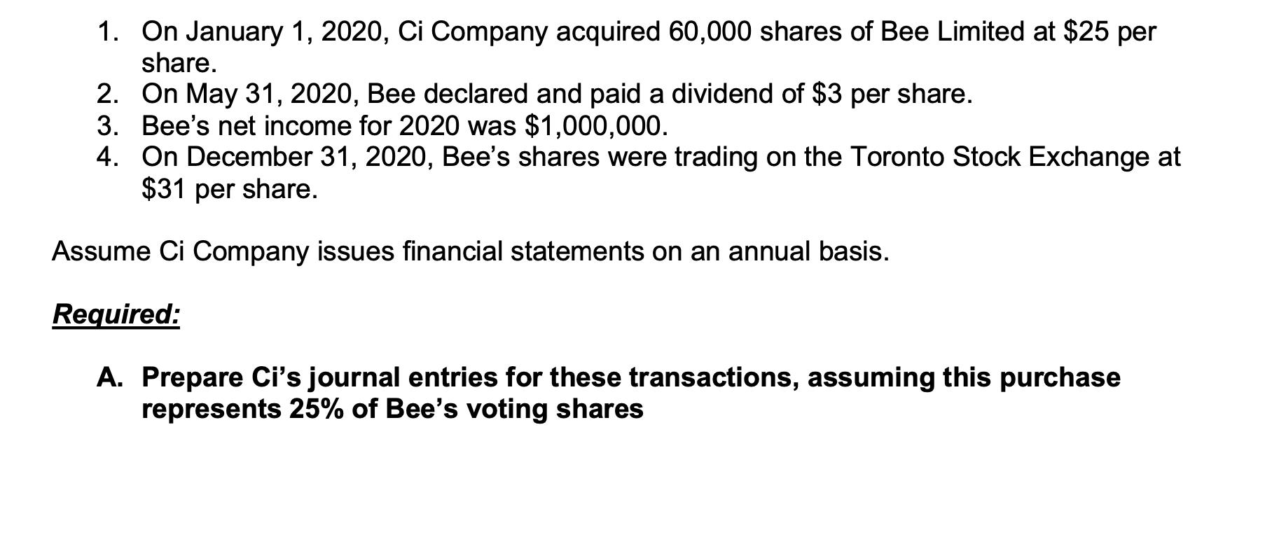 1. On January 1, 2020, Ci Company acquired 60,000 shares of Bee Limited at $25 per share. 2. On May 31, 2020, Bee declared an
