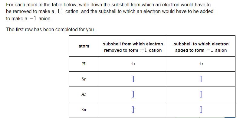 Image for For each atom in the table below, write down the subshell from which an electron would have to be removed to m