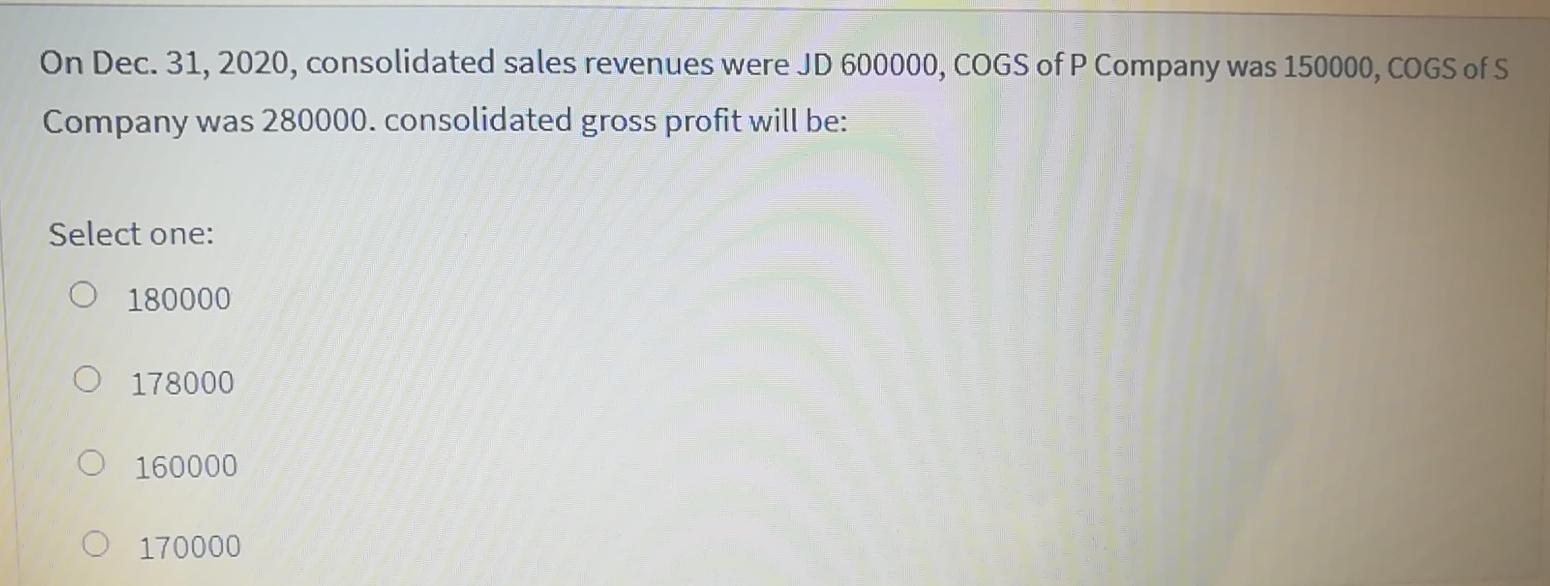 On Dec. 31, 2020, consolidated sales revenues were JD 600000, COGS of P Company was 150000, COGS of S Company was 280000. con
