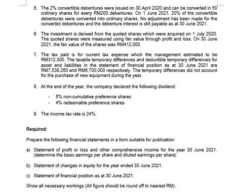 5. The 2% convertible debentures were issued on 30 April 2020 and can be converted in 50ordinary shares for every RM200 debe