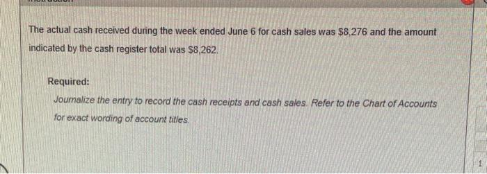 The actual cash received during the week ended June 6 for cash sales was $8,276 and the amount indicated by the cash register