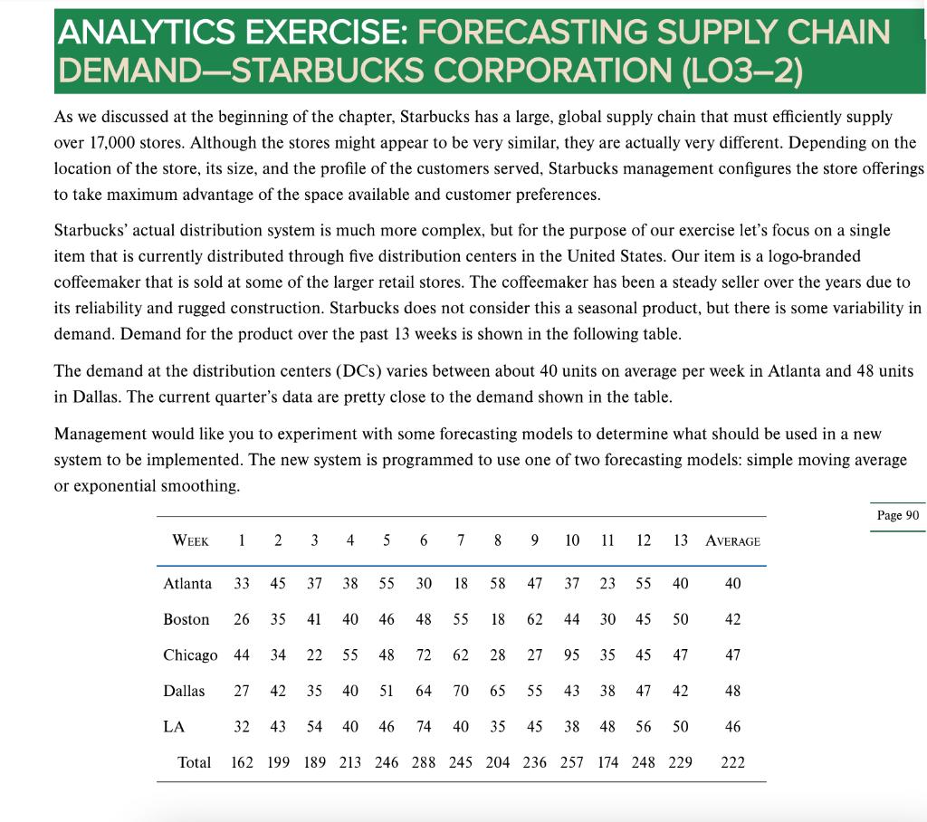 ANALYTICS EXERCISE: FORECASTING SUPPLY CHAINDEMAND—STARBUCKS CORPORATION (LO3–2)As we discussed at the beginning of the cha
